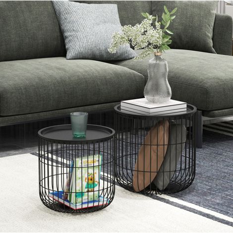 Set de 2 mesas de centro Ø40x40 cm y Ø35x35 cm negras de acero con almacenamiento y diseño apilable (1/5)
