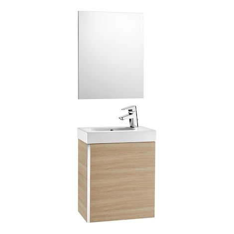 Roca – Meuble lave-mains suspendu 450mm – Miroir 450mm – Chêne – Système d'ouverture amortie – Lave-mains céramique percé à droite (1/2)