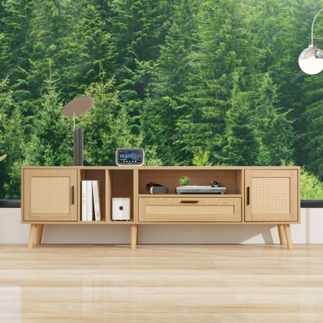 Meuble TV 180 cm spacieux, décoration rotin, 2 portes et 1 tiroir, pieds en bois massif, pour TV jusqu’à 80 pouces (1/5)