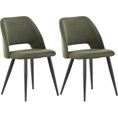 Lewe – Lot de 2 chaises de salle à manger en velours côtelé – Dossier ergonomique – Pieds en métal noir – Vert armée – Capacité 120 kg