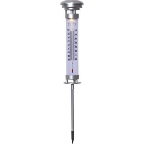 Star Trading Thermomètre solaire Celsius, LED, pique pour jardin, extérieur, argent, capteur crépusculaire, blanc chaud, 57,5 cm (1/2)