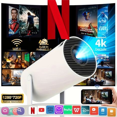 Projecteur intelligent portable HY300, Android 11, décodage 4K, résolution native 1280720P, 260 ANSI, Wifi6, BT5.0, 180 ° Projecteur de cinéma maison rotatif pour extérieur (1/4)