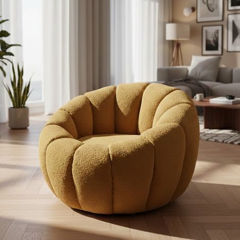 Fauteuil rond coquillage en tissu jaune moutarde Alix (1/5)