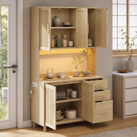 MEUBLIV Buffet de cuisine 183 cm naturel – LED connectée, sans matelas