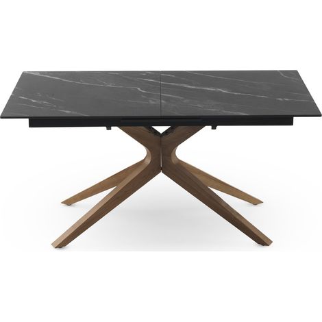Table de salle à manger extensible 160/200 x 90 cm, piètement en chêne, plateau en céramique effet marbre noir de Vérone (1/5)
