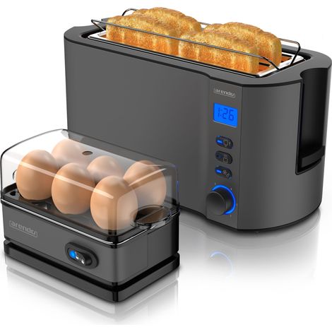 Arendo Frühstücks-Set, 6er Eierkocher SIXCOOK, Langschlitztoaster 4-Scheiben, Grau (1/5)