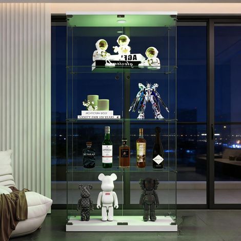 Standvitrine mit Tür und Schloss, 4 Lagen, LED, Weiß (1/5)