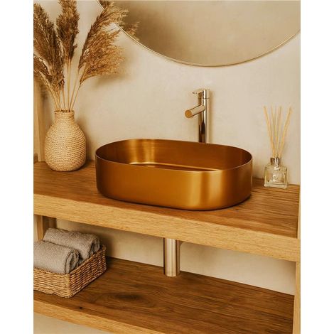 Lavabo 55x35 Elegance da appoggio con valvola e flessibile oro rosa (1/3)