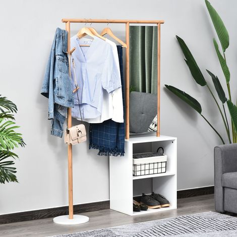 HOMCOM Porte-manteaux meuble d'entrée vestiaire penderie avec miroir 4 patères 2 niches dim. 100L x 34l x 164H cm MDF blanc bois massif bambou