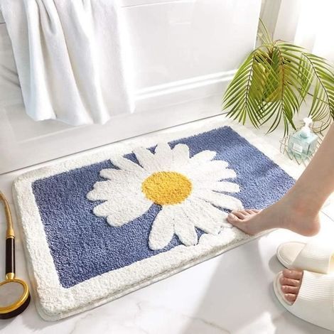 Tappetino da bagno antiscivolo lavabile (blu), zerbino, tappetino per doccia, tappetino da bagno con motivo a margherite, 80x50 cm (1/4)