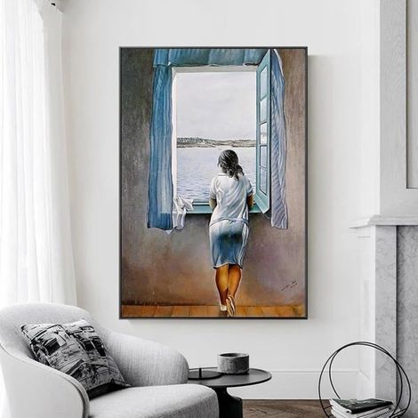 Fille à la fenêtre peinture toile impression affiche art femme mer bleu photo pour salon décor à la maison 60x90 cm sans cadre