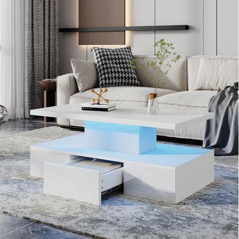 Couchtisch 100x50x39 cm Weiß aus Spanplatte mit LED-Beleuchtung, Hochglanz, offenem Fach und Schublade (1/5)