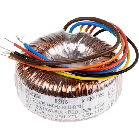 Rs Pro – Transformateur torique 2 sorties 230V c.a. – 2 x 12V c.a. 30VA – Courant 1.25A – Dimensions 70 x 32mm