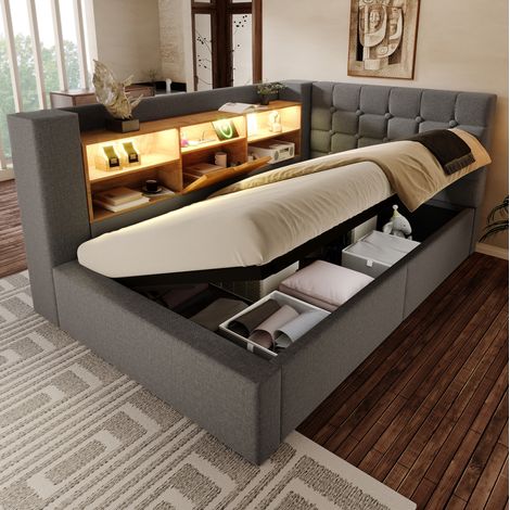 Einzelbett 90x200 cm Grau aus Leinen mit LED-Beleuchtung und Stauraum (1/5)