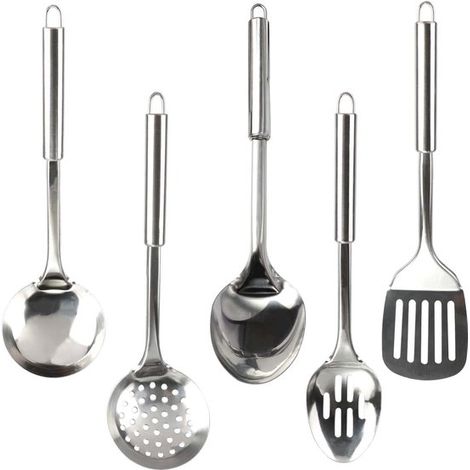 Juego de utensilios de cocina de 5 piezas - Juego de ollas y sartenes - Para cocinar y servir - Acero inoxidable - 5 piezas - Plateado (1/5)
