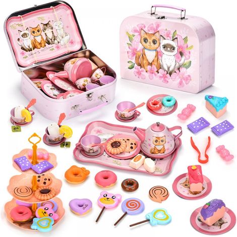 Set Thé Enfant - Jouet de Cuisine pour Jeu de Rôle - Boîte de Transport avec Théière, Tasses, Assiettes et Accessoires - Pour Filles 3 à 8 Ans - 54 Pièces
