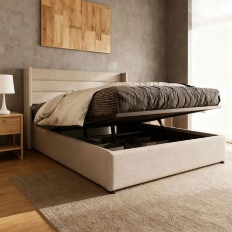 Lit coffre 160 x 200 cm, lit double 160x200 avec sommier, coffre hydraulique, sommier à lattes en bois, beige, matière lin