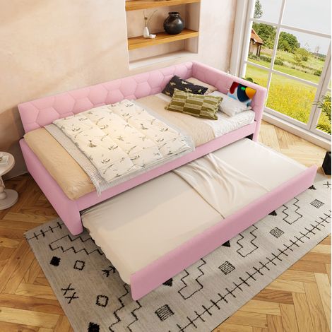 Cama diván moderna 90x200 cm en bouclé rosa con cabecero, somier de láminas, cama nido, USB, Type-C y luz (1/5)