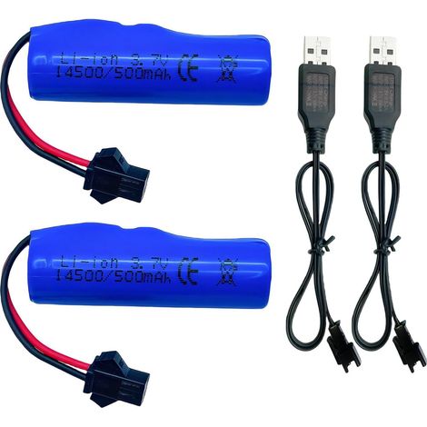 Pack of 2 rechargeable 3.7V 500mAh Li-ion batteries with SM 2P connector for remote control cars, double-sided bearing remote controls, small RC boats, amphibious RC toys, RC trucks