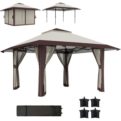 Tonnelle pliante barnum parois en filet et protection UV50+ hauteur réglable et double toit sacs de lestage 4x4m beige