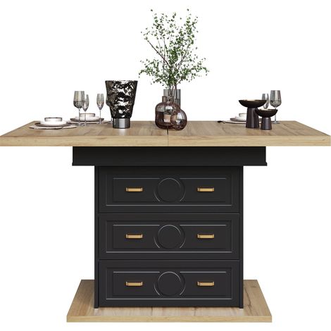 Table extensible à manger 110-140 x 80 x 75 cm avec 2 tiroirs, rangement intégré et plateau effet bois clair  CHICFURN (1/5)