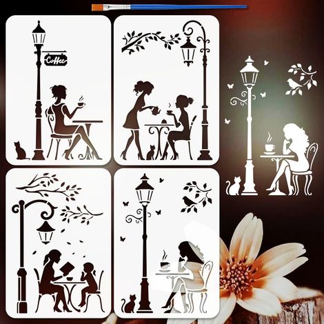 4PCS Pochoirs 21x29.7cm avec un Pinceau Pochoirs Lampadaires Motif Café Format A4 Réutilisable Modèles Dessin Vue Urbaine pour DIY Peinture sur Bois Mur Toile Meuble Décoration (1/5)