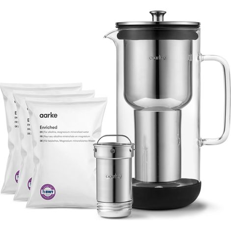 carafe filtrante en verre et acier inoxydable (2,4 L / 10 tasses) + lot de 3 sacs de recharge de filtre Enriched (1/5)
