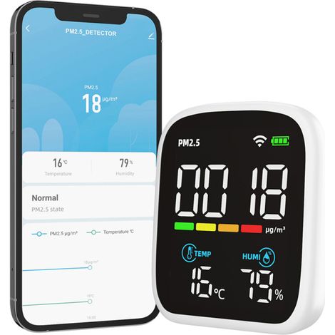 Détecteur PM2.5 avec affichage LED, mesure température, humidité, capteur particules, testeur qualité air domestique, contrôle application mobile (1/5)