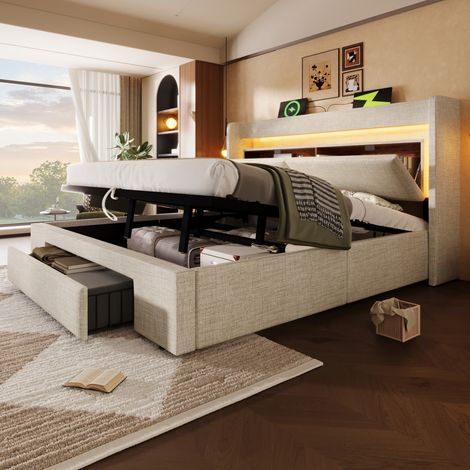 Lit coffre 140x200 cm en lin beige avec LED et USB, pour chambre, sans matelas – MEUBLIV (1/5)