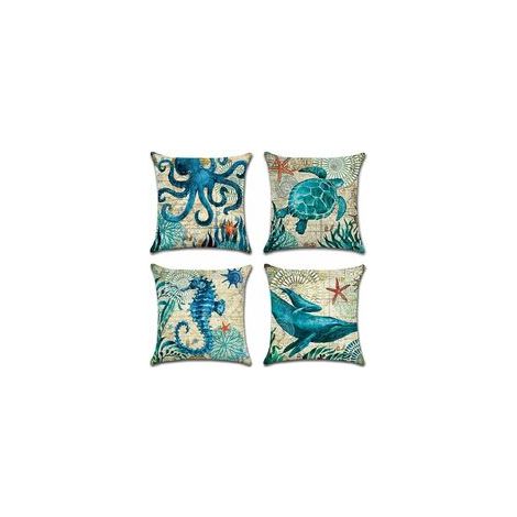 Extérieur Housse De Coussin, Lot De 4 Imperméable La Vie Marine Bleue Motif Canapé Taie D'oreiller Pour Patio Jardin Salon Chambre Décoration, 45x45cm (1/5)