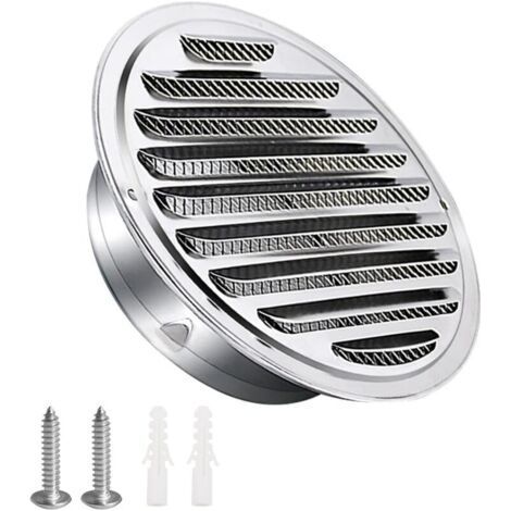 Stainless steel ventilation grille 100mm with screws and dowels Weather protection Slats with fly screen and loop Round air exhaust grille Screw and flange Grille (1/4)