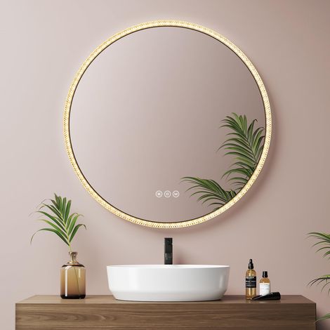 Miroir de Salle de Bain avec lumière Ronde 60 cm, Miroir LED Rond avec Interrupteur Tactile, Anti-buée et Fonction mémoire, Miroir de Salle de Bain Rond avec lumière Tricolore réglable (Noir) (1/5)
