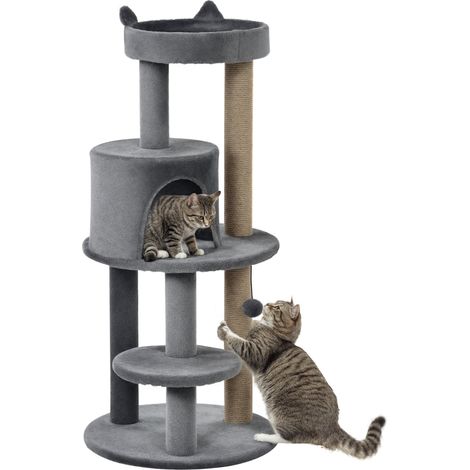 Arbre à chat multifonction jeu et repos 48 x 48 x 104 cm griffoirs résistants et niche douillette scandinave en bois gris (1/5)