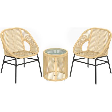 GagaEnsemble bistro 3 pieces en rotin et acier avec 2 chaises et table ronde en verre trempe Beige (1/5)