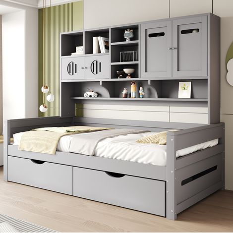 Divano letto singolo 205x94.5x165.8 cm grigio in legno di pino con vani e 2 cassetti (1/5)