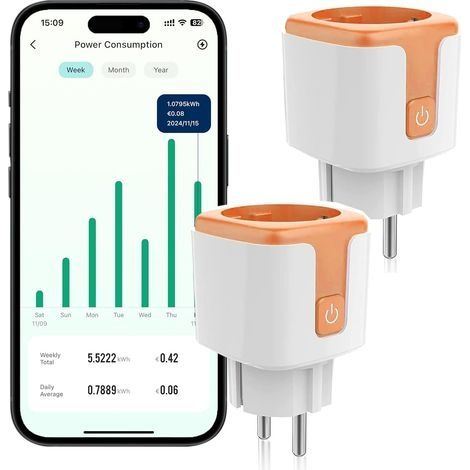 Prise Wi-Fi 16 A avec mesure de courant, prise intelligente, prise WiFi, compteur des coûts énergétiques, commande vocale, minuterie, programmateur (2 pièce) (1/5)