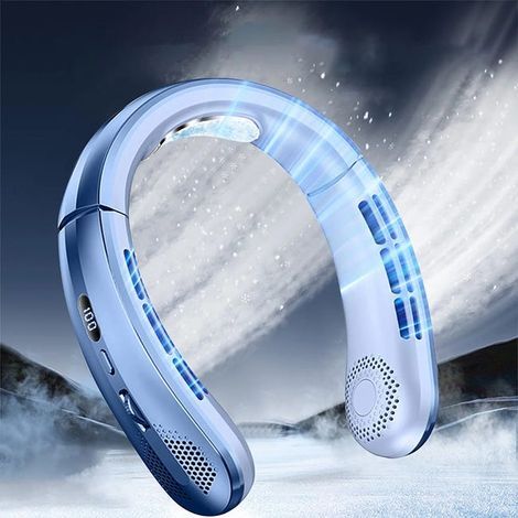 Blue bladeless neck fan, USB charging, digital display, 100° fan speed adjustment. (1/4)