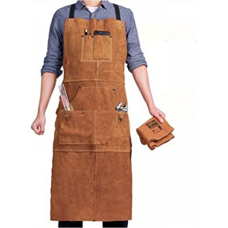 Grembiule da saldatore a 6 tasche, grembiule da lavoro in pelle ignifuga e resistente al calore, grembiule da carpentiere da uomo, regolabile dalla taglia M alla XXXL, ideale per fabbri, meccanici e o (1/4)