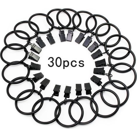Anneaux de rideaux avec clip métallique pour tringles à rideaux de 32 mm de diamètre intérieur - Noir - 30 pièces (1/5)