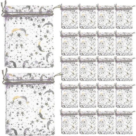 50 pochettes à cordon en organza lune et étoile, maille fine, pour bijoux, bonbons et cadeaux (1/5)