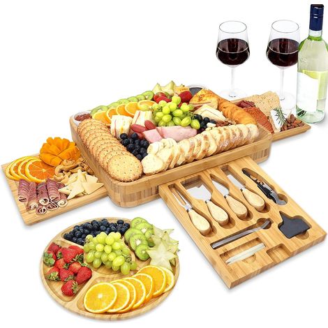 Plateau à fromage en bois avec tiroirs et accessoires
