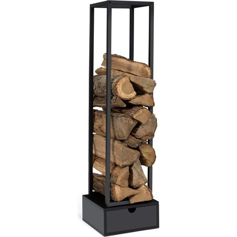 Idmarket – Range bûches vertical acier noir 125 cm – Tiroir intégré pour rangement – Base 33 x 33 cm pour optimisation espace – Design élégant