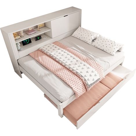Canapé-lit double 140×190 cm avec lit gigogne 90×190, cadre de lit blanc avec tête de lit de rangement, niche ouverte, rangement rabattable dissimulé, station de charge USB/USB-C, sommier à lattes, sa