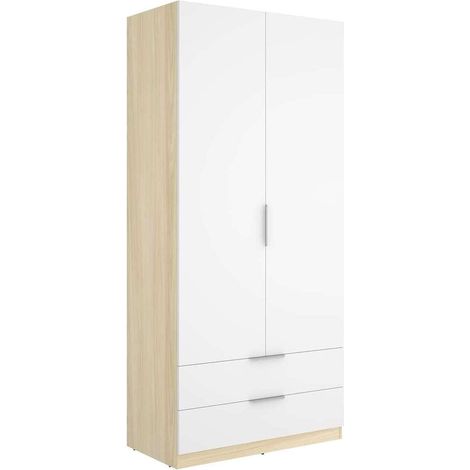 Armario ropero 2 puertas 2 cajones abatibles acabado roble claro/blanco, 203.5cm(alto) 91cm(ancho) 51.4cm(largo)