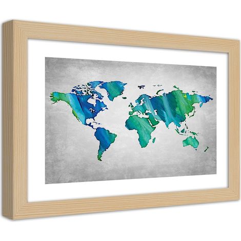 Quadro con cornice, Mappa del mondo colorata su cemento - 30x20 (1/5)