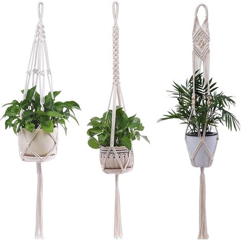 Lot de 3 Suspension Plante, Macrame Pot Suspendu de Coton, Panier Suspendu, Porte Pot de Fleurs pour Plantes pour Intérieur, Extérieur, Jardin, Balcon, Patio, Fenêtre, Beige, 105 cm (1/5)