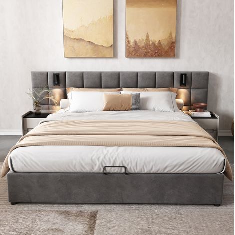 lit coffre 180x200 avec lampe USB velours gris HAVRYA (1/5)