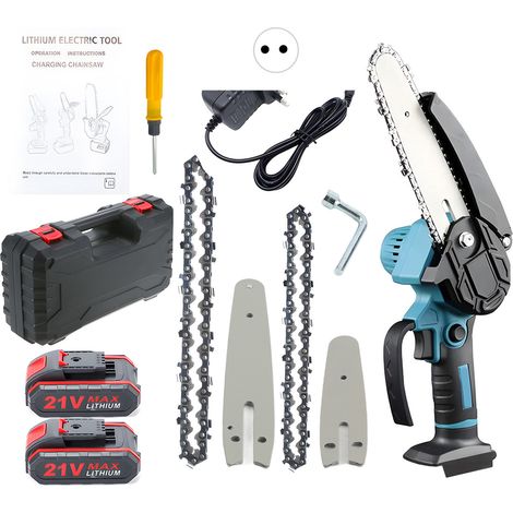 Mini tronçonneuse sans fil 4/6 pouces – Scie à chaîne portable avec sécurité et 2 chaînes