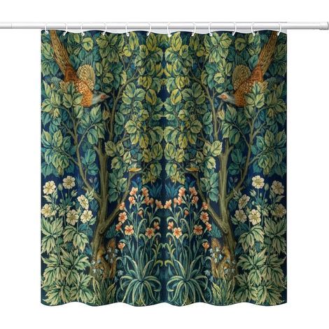 Rideau de Douche de Style Vintage du Milieu du siècle, Motif Floral, Oiseaux, Plante Verte, Impression Artistique Abstraite, Rideau de Douche pour décoration de Salle de Bain (1/5)