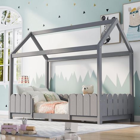 Lit cabane 90x200cm - lit enfant en bois polyvalent pour garçons et filles - avec protection antichute et sommier à lattes - Gris (sans matelas), garantie 2 ans